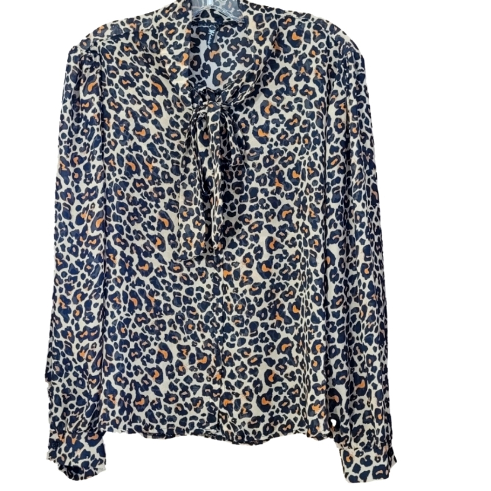 Leopard print high tie neck sheer long sleeve button front blouse